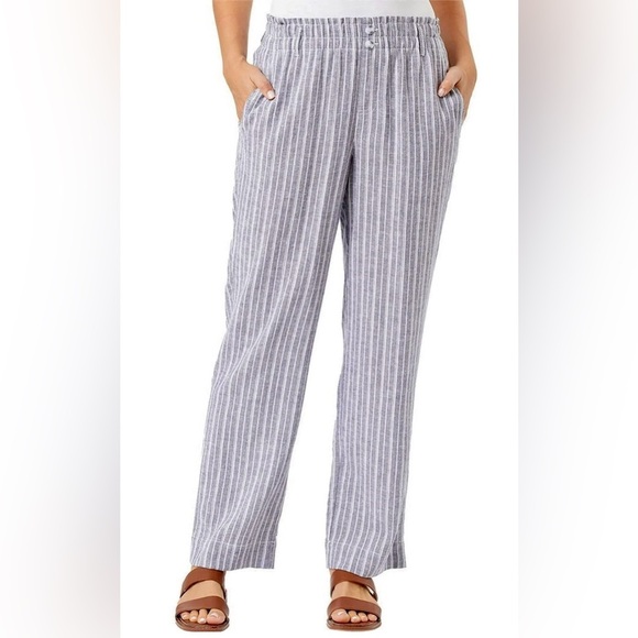 Briggs Striped Stretch Waistband Linen Blend Straight Leg Pull On Pants Size M - Picture 3 of 11